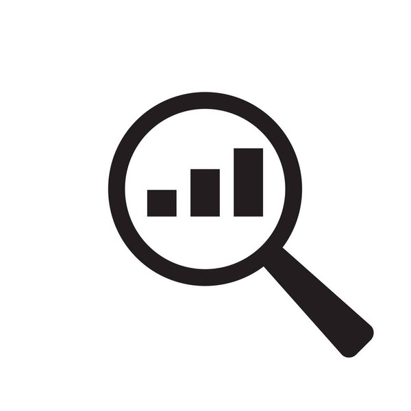Magnifier stock market infographic black icon on white background. Lens analyzing ispection financial graph. 