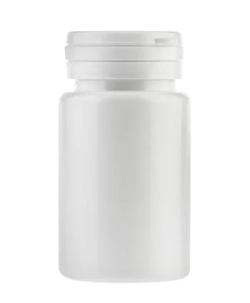 Лекарства белые таблетки бутылку изолированы без тени обрезки пути — стоковое фото