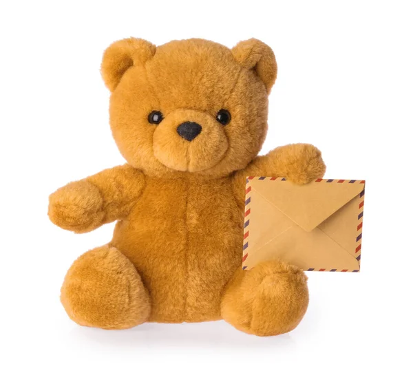 Hračka Medvěd Držení Obálka Mail Koncept Izolované Bílé Pozadí — Stock fotografie