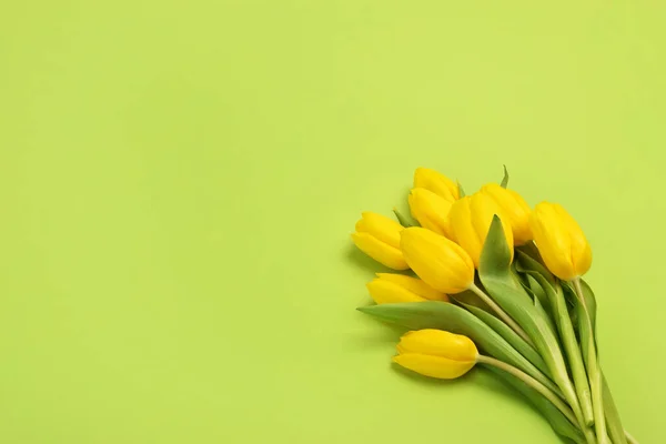 Jarní Květiny Prapor Svazek Žlutých Tulipánů Květy Horní Pohled — Stock fotografie