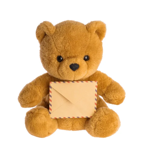 Toy Bear Holding Envelope Mail Concept Isolated Shadow Stock Image