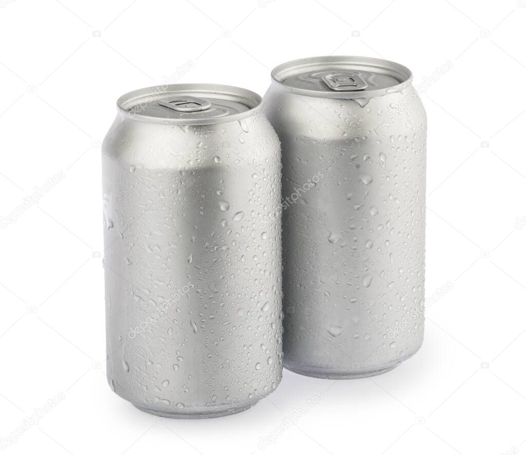 wet metal aluminum beverage drink cans isolated on white background clipping path. photography