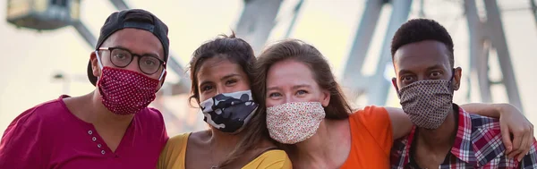 Group Multiracial Friends Taking Photo Face Mask — Stock Photo, Image
