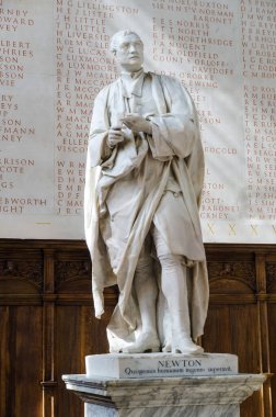 Isaac Newton, Trinity Koleji kilisesinde okuduğu heykel.