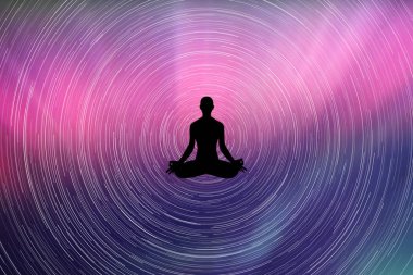 Yoga geceleri. Yoga-kız lotus poz ile vektör çizim. Döndürme yıldız. Kuzey ışıkları yıldızlı sk