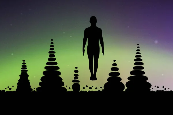 晚上练瑜伽 向量概念例证以瑜伽士的剪影在山式和石头金字塔的姿态 星光灿烂的天空中的北极光 七彩北极极光 — 图库矢量图片