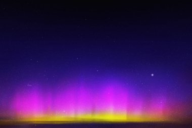Vektör çizim güzel yıldızlı gökyüzü ve Kuzey ışıkları. Renkli arka plan ile mor-sarı aurora borealis