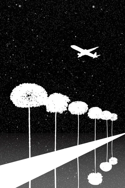 Paysage avec arbres et avions volants la nuit — Image vectorielle