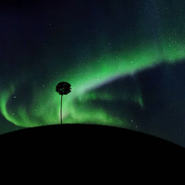 Landschaft mit einsamem Baum in der Nacht — Stockvektor