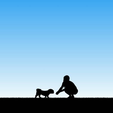 Kadın ve evde beslenen hayvan vektör çizim siluetleri ile. Mavi pastel renkli