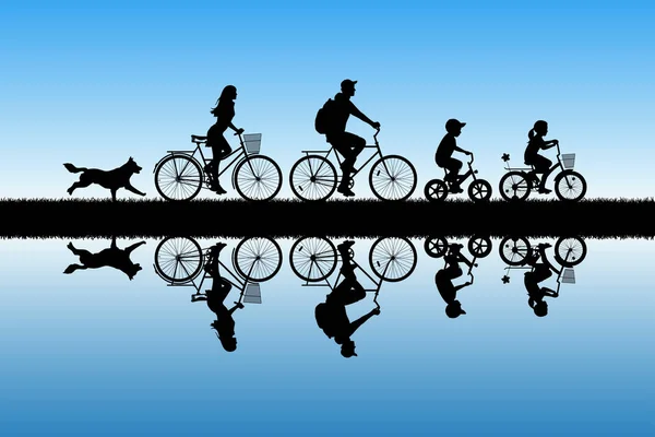 积极休息的父母与孩子 向量例证与骑自行车的人和跑的狗的剪影 蓝色柔和背景 — 图库矢量图片