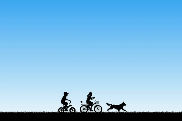 向量例证与男孩和女孩剪影在自行车 蓝色柔和背景 — 图库矢量图片