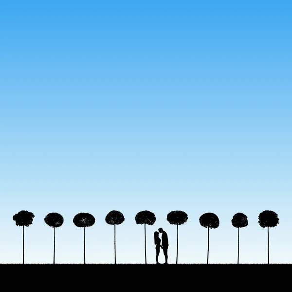 Vektorillustration Mit Silhouette Eines Liebenden Paares Landschaft Mit Ahornen Blauer — Stockvektor