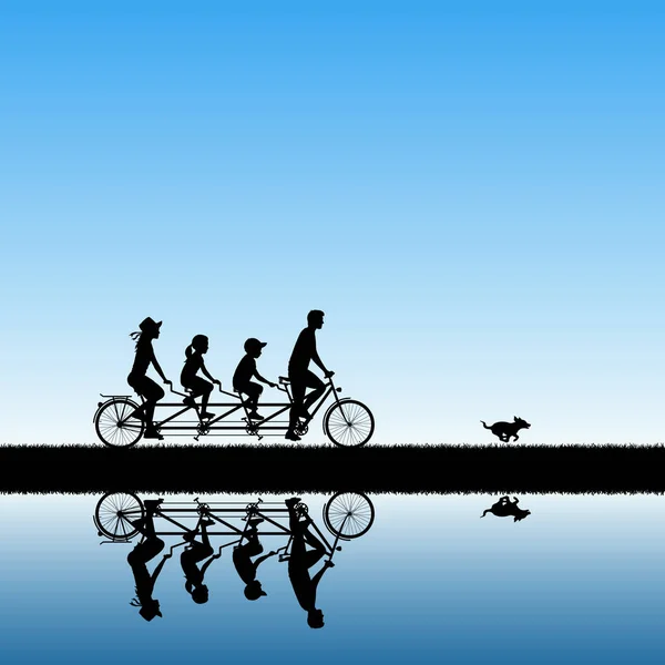 Активный Отдых Родителей Детьми Векторная Иллюстрация Силуэтами Велосипедистов Велосипеде Бегущей — стоковый вектор