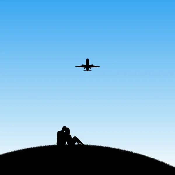 Vektorillustration Mit Silhouette Eines Paares Das Auf Einem Hügel Sitzt — Stockvektor