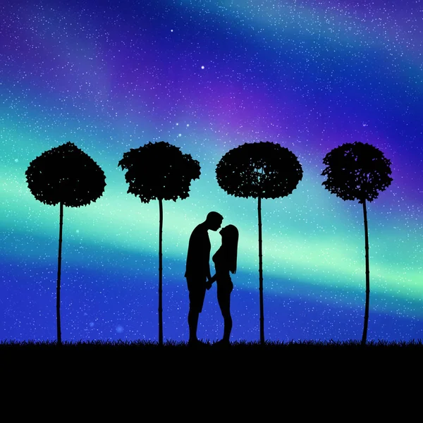 Lovers between trees in park at night — Stock Vector