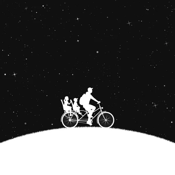 晚上带着孩子在公园里骑自行车的父亲 — 图库矢量图片