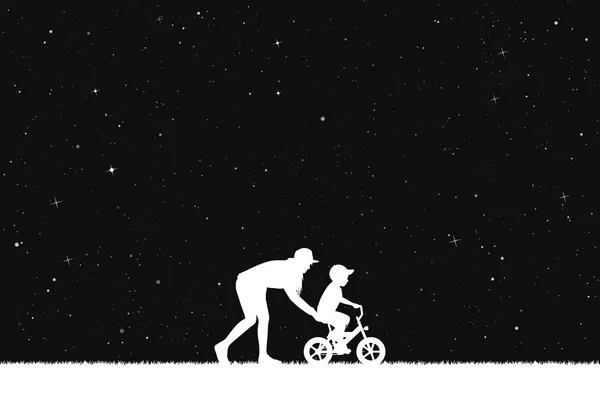 Dívka učí chlapce jezdit na kole v parku v noci — Stockový vektor