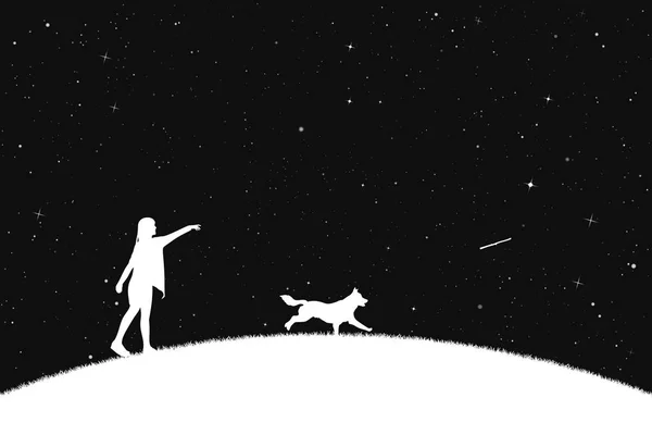 女孩在公园里训练狗在晚上 — 图库矢量图片