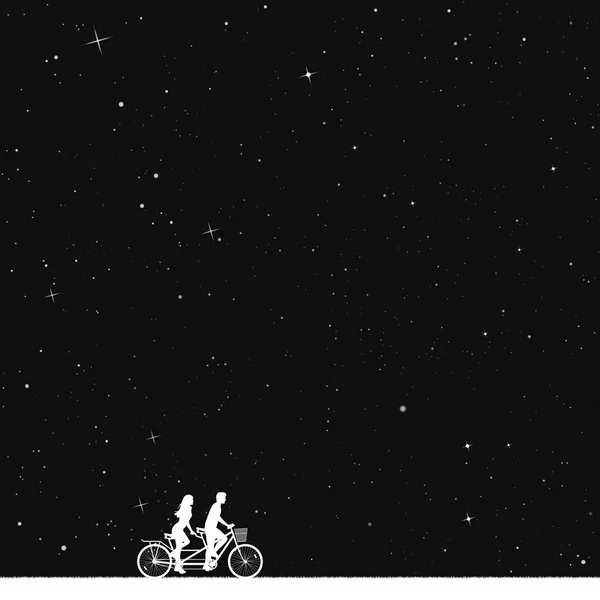 Ilustración Vectorial Con Siluetas Ciclistas Bicicleta Bajo Cielo Estrellado Blanco — Archivo Imágenes Vectoriales