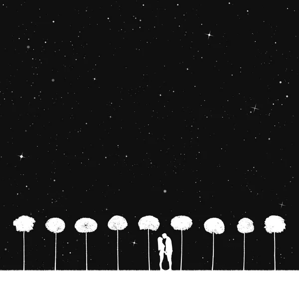 Vector Illustration Silhouette Loving Couple Starry Sky Inverted Black White — Stock Vector