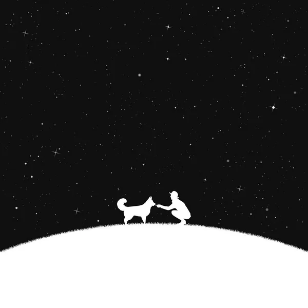 女性と星空の下で丘の上のペットのシルエットのベクター イラスト 黒と白の逆 — ストックベクタ