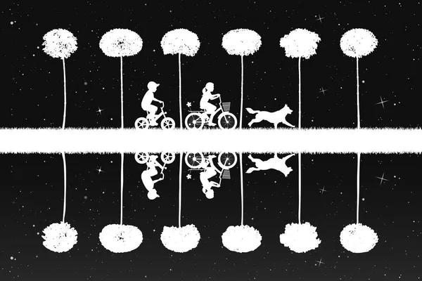 Векторная Иллюстрация Силуэтами Мальчика Девочки Велосипедах Пейзаж Кленами Звездным Небом — стоковый вектор