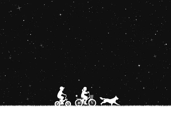 Ilustração Vetorial Com Silhuetas Menino Menina Bicicletas Sob Céu Estrelado —  Vetores de Stock