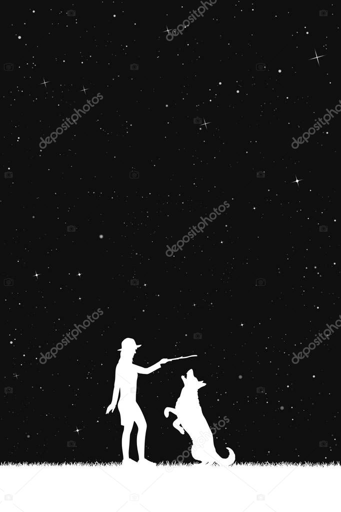 Vector illustration with silhouettes of woman and pet under starry sky. Inverted black and white