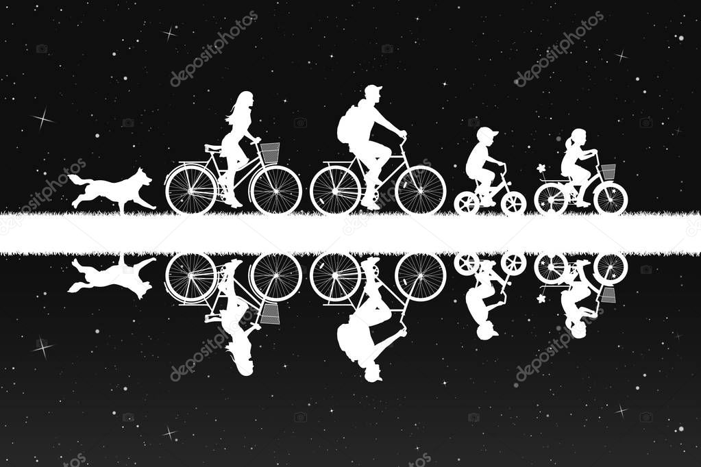 Active rest of parents with children. Vector illustration with silhouettes of cyclists and running dog under starry sky. Inverted black and white