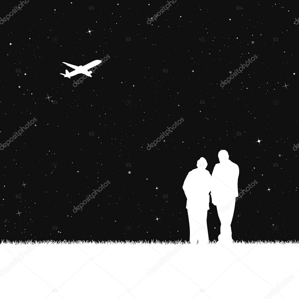 Vector illustration with silhouette of elderly couple under starry sky. Inverted black and white