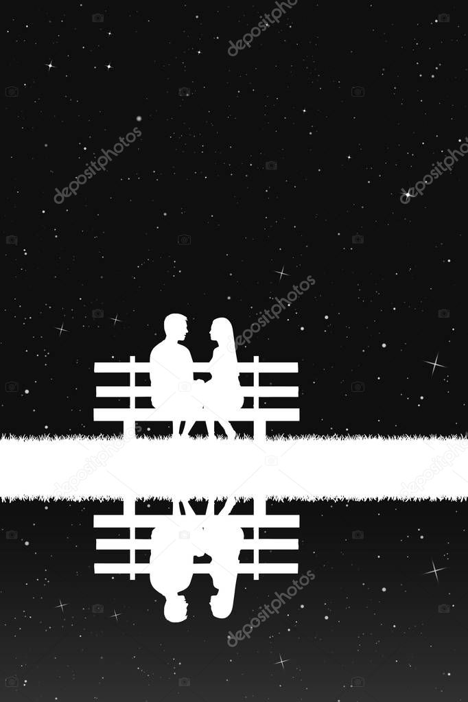 Vector illustration with silhouette of loving couple under starry sky. Inverted black and white