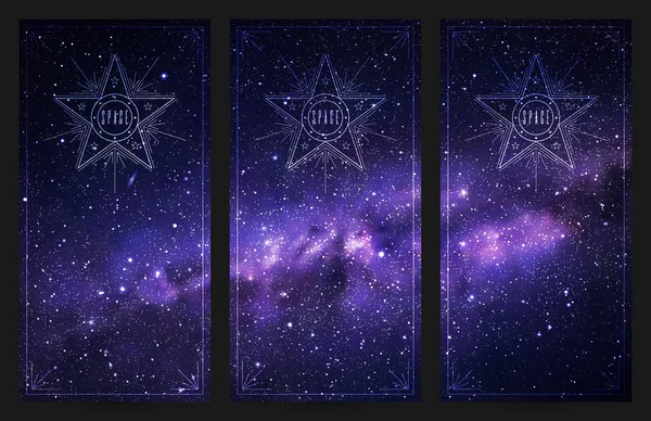 Reihe vertikaler Banner mit nächtlichem Sternenhimmel und Milchstraße — Stockvektor