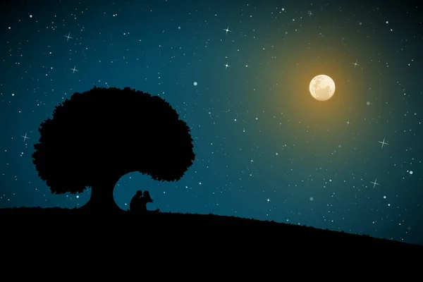 Amoureux Sous Arbre Nuit Clair Lune Illustration Vectorielle Avec Silhouette — Image vectorielle