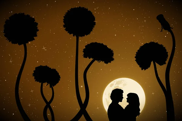 在月光下的夜晚 情侣和蒲公英 向量例证与爱的夫妇的剪影 繁星点的天空中的满月 — 图库矢量图片