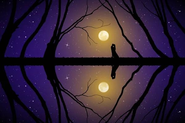 Amantes Entre Los Árboles Noche Luna Ilustración Vectorial Con Silueta — Vector de stock