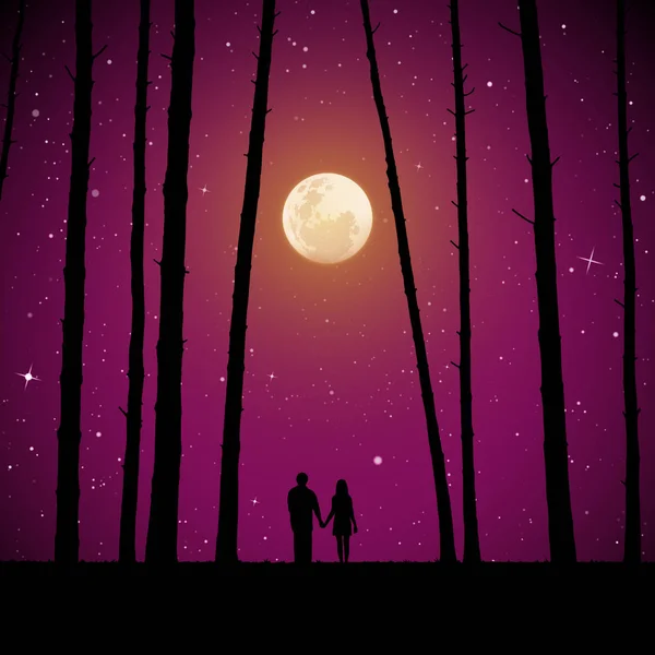 Verliebte Wald Mondheller Nacht Vektorillustration Mit Silhouette Eines Liebenden Paares — Stockvektor