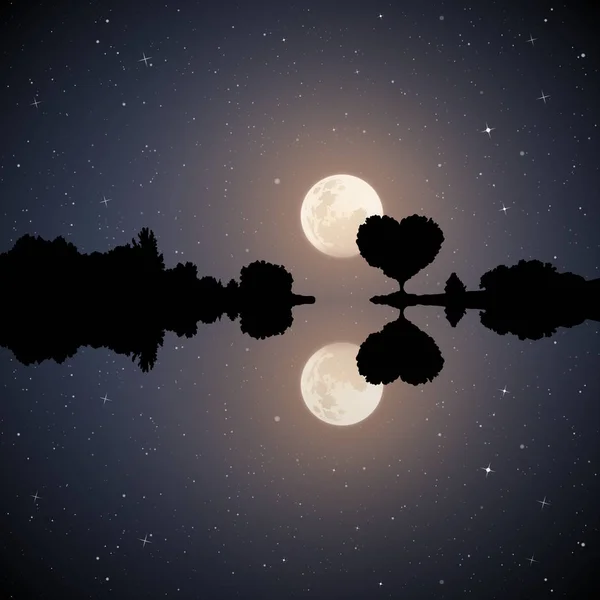 Романтичний Пейзаж Місячну Ніч Векторні Ілюстрації Силуетом Дерева Формі Серця — стоковий вектор