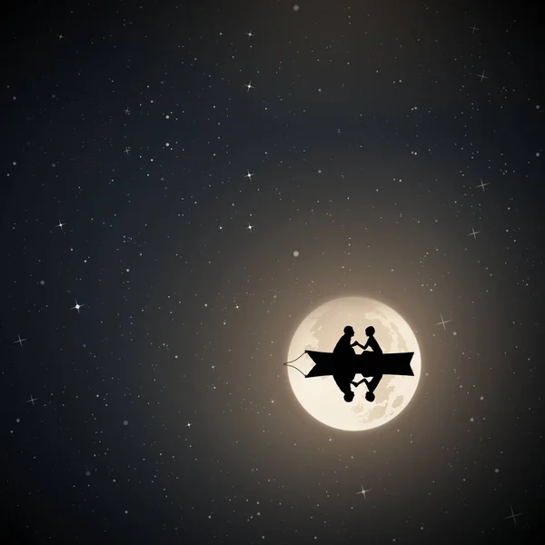 Aşık mehtaplı gece teknede. Seven çift ile siluet vektör örnektir. Yıldızlı gökyüzü dolunay