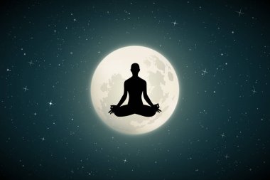 Yoga mehtaplı gecede. Yoga-kız içinde lotus ile siluet vektör çizim poz. Yıldızlı gökyüzü dolunay