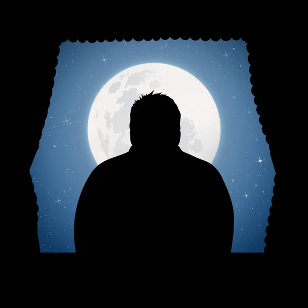 Člověk Vypadá Okno Měsíčné Noci Vektorové Ilustrace Siluety Člověka Zvlněné — Stockový vektor