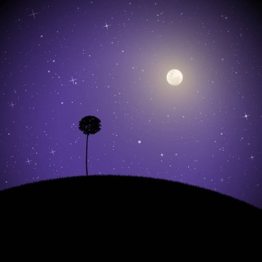 Vektör yatay, mehtaplı gecede yalnız ağaç. Tepe üzerinde büyüyen akçaağaç Illustration siluet ile. Yıldızlı gökyüzü dolunay