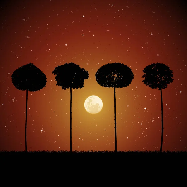 Vector Τοπίο Δέντρα Φεγγαρόλουστη Νύχτα Εικονογράφηση Σιλουέτες Σφεντάμια Αυξάνεται Στο — Διανυσματικό Αρχείο