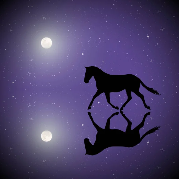 Correr Cavalo Noite Iluminada Pela Lua Ilustração Vetorial Com Silhueta — Vetor de Stock