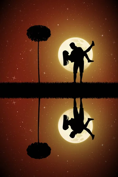 Homme Porte Une Fille Clair Lune Illustration Vectorielle Avec Silhouette — Image vectorielle