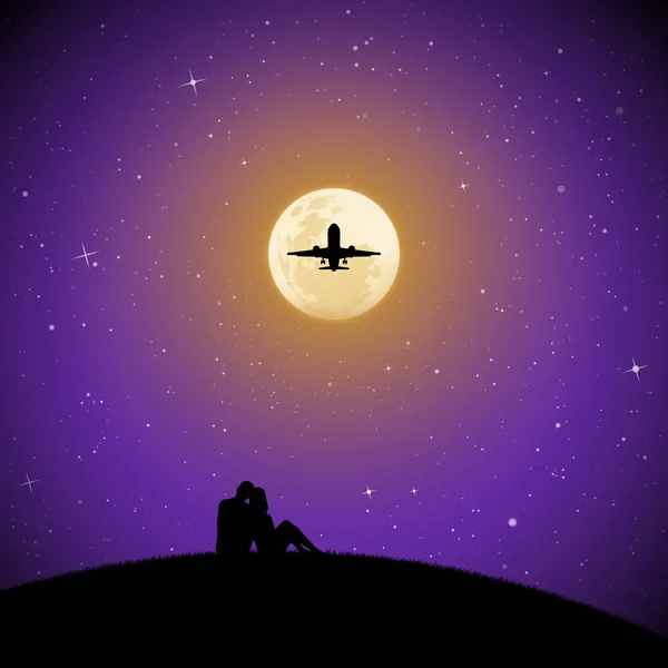 在月光下的夜晚 情侣和飞行的飞机 向量例证与夫妇剪影坐在小山在公园 繁星点的天空中的满月 — 图库矢量图片