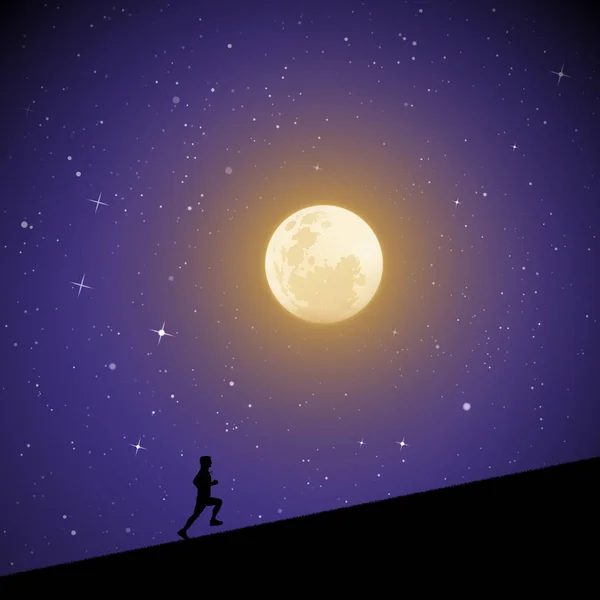 Uomo Corre Salita Notte Chiaro Luna Illustrazione Vettoriale Con Silhouette — Vettoriale Stock