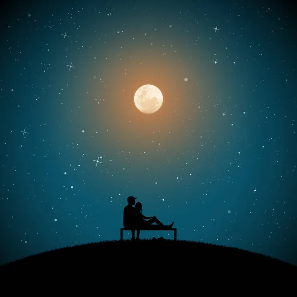 Amantes Sentados Banco Noite Iluminada Pela Lua Ilustração Vetorial Com — Vetor de Stock