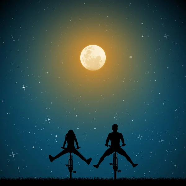 Bisiklet üzerinde mehtaplı gecede birkaç. Bacaklarınızı açın Park ile iki bisikletçiler vektör Illustration siluetleri ile. Yıldızlı gökyüzü Kuzey ışıkları. Yıldızlı gökyüzü dolunay