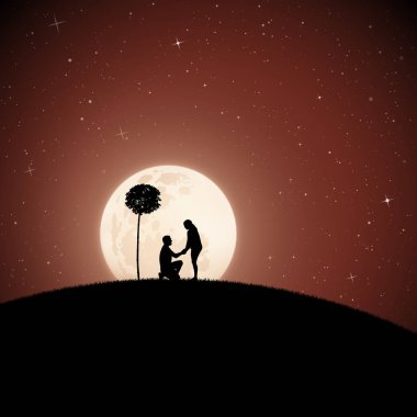 Aşık mehtaplı gecede ağacın altında. Romantik evlenme teklifi. Seven çift park ile siluet vektör örnektir. Yıldızlı gökyüzü dolunay